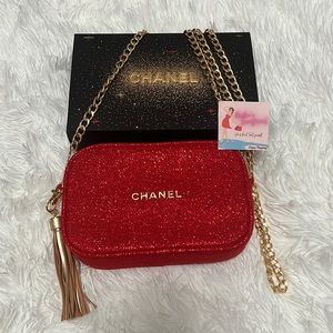 CHANEL Red Glitter Cosmetic Bag with Gold Chain